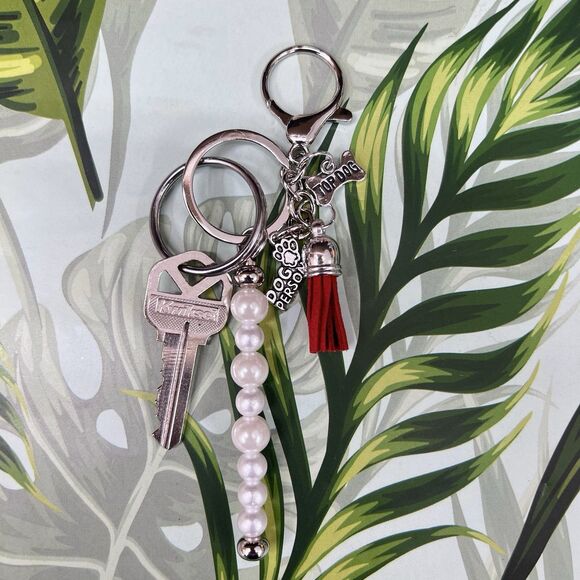 DOG PERSON Bag Charm Keychain Multi Faux Pearl Suede Tassel Bone Paw Pendant - Picture 5 of 11